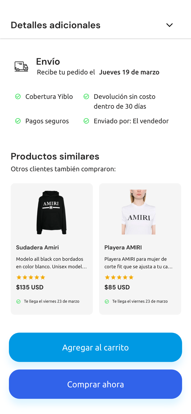 Opciones de envío, pago seguro y compra de un producto en Yiblo
